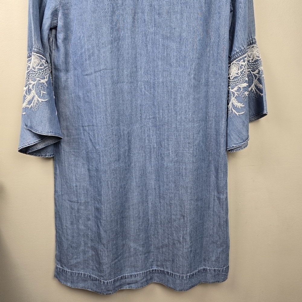 Coastal Western Short Denim Dress Embroidered Ruffle Flared Sleeve Womens Sz M - Picture 9 of 13